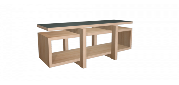 Meuble hifi design LOW avec plateau chêne et bois laqué gris - 170x65cm